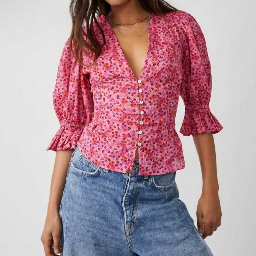Free People Pink V-Neck Bell Sleeve Blouse